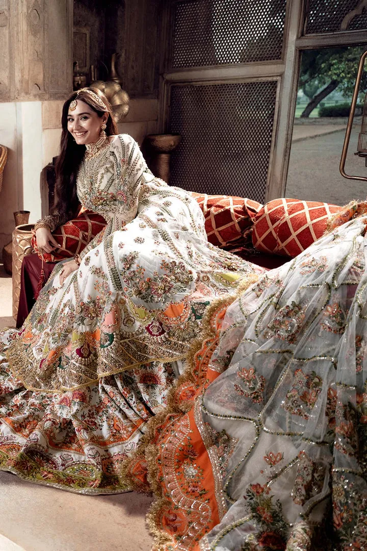 Ivory Embroidered Pakistani Bridal Dress Pishwas with Farshi Lehenga