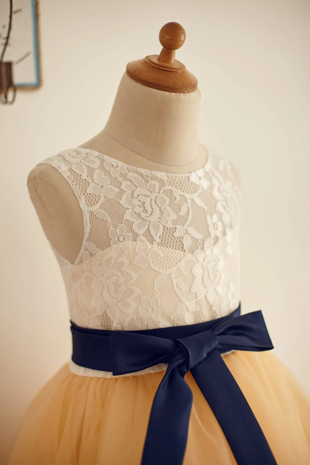 Ivory Lace Champagne Tulle Wedding Flower Girl Dress, Belt