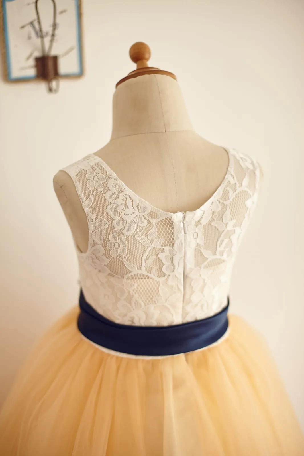 Ivory Lace Champagne Tulle Wedding Flower Girl Dress, Belt