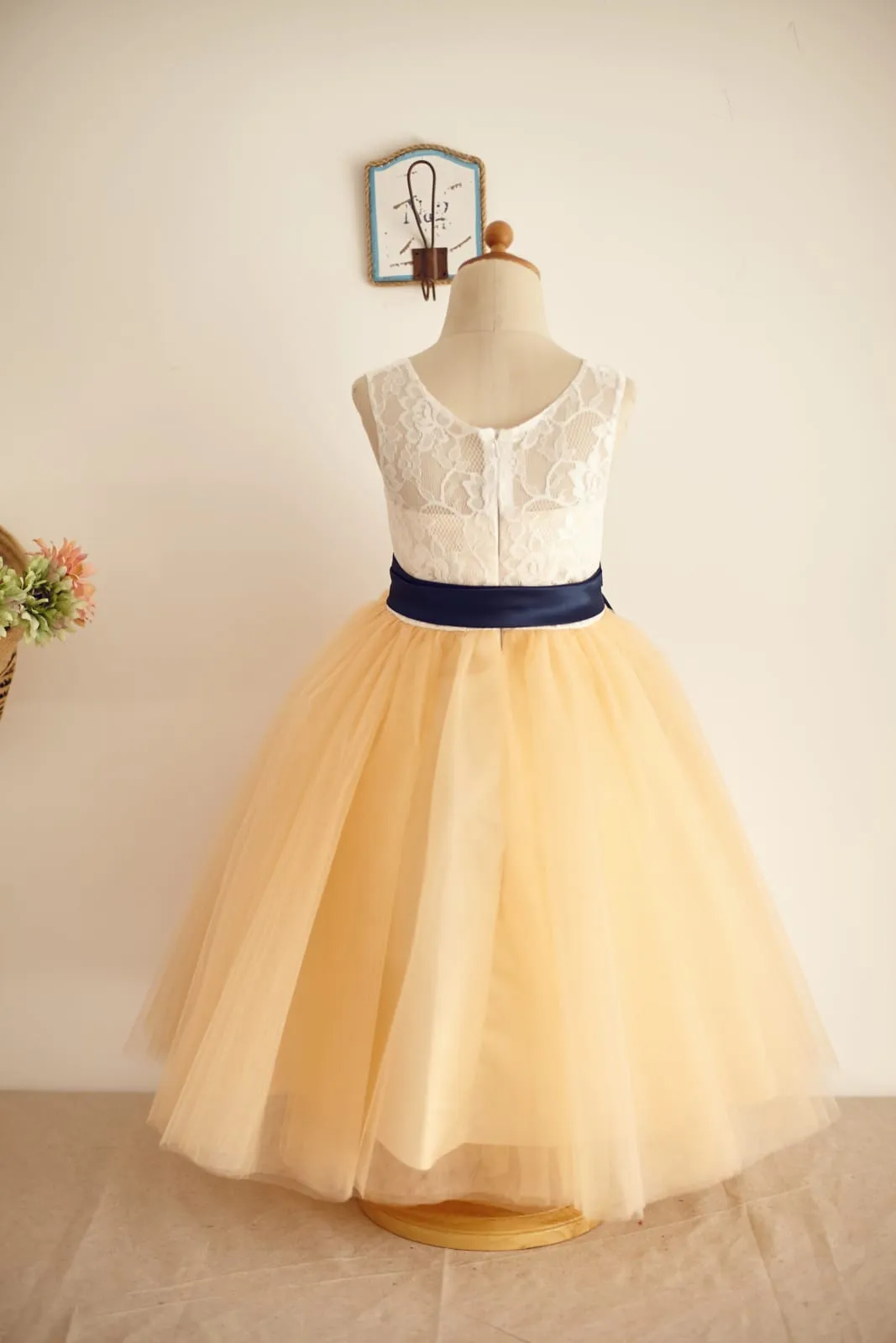 Ivory Lace Champagne Tulle Wedding Flower Girl Dress, Belt