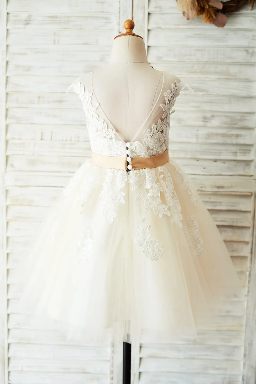Ivory Lace Champagne/Pink Tulle V Back Wedding Party Flower Girl Dress