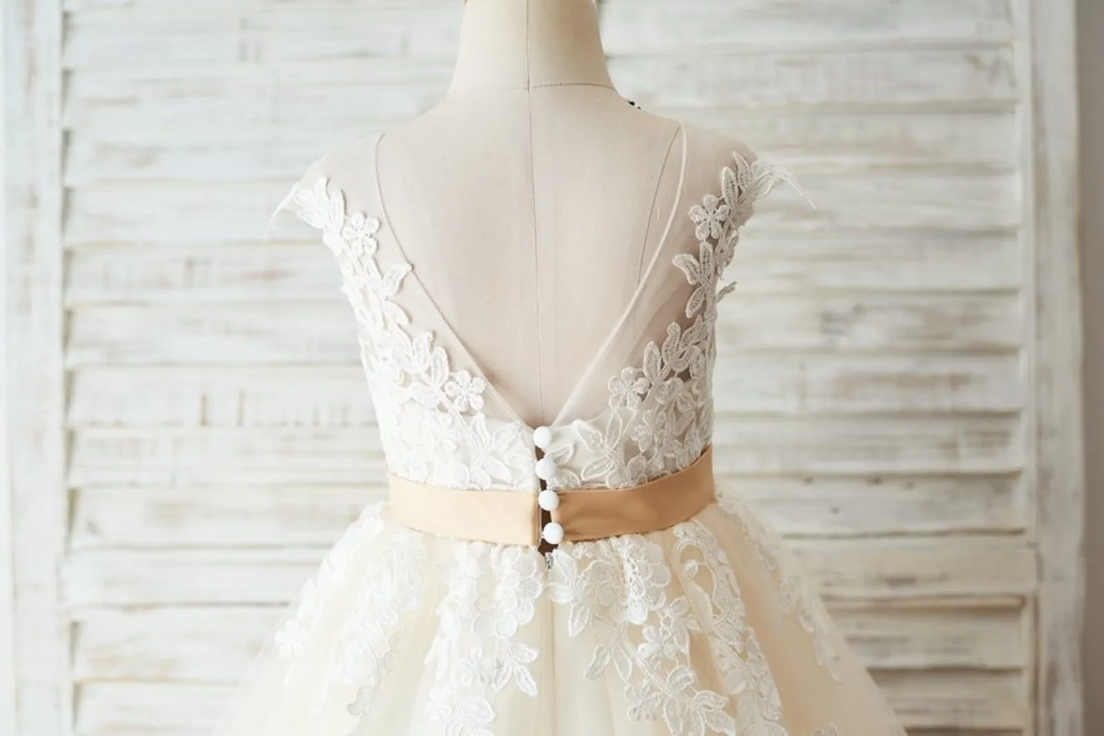 Ivory Lace Champagne/Pink Tulle V Back Wedding Party Flower Girl Dress