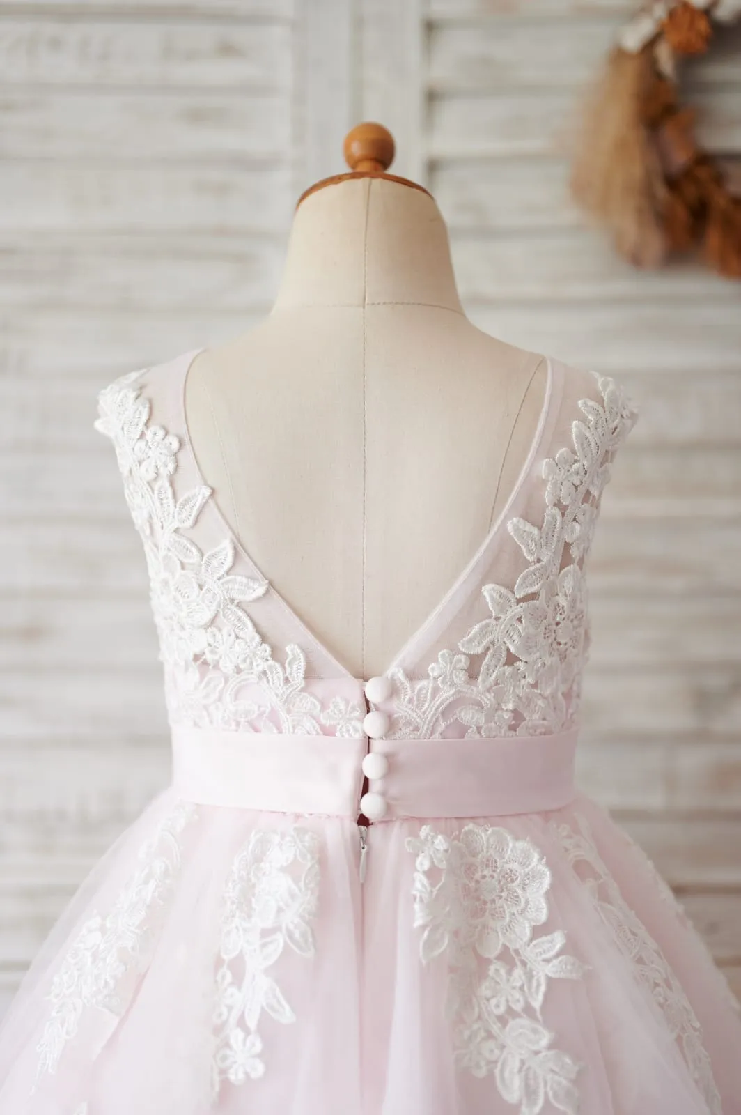 Ivory Lace Champagne/Pink Tulle V Back Wedding Party Flower Girl Dress