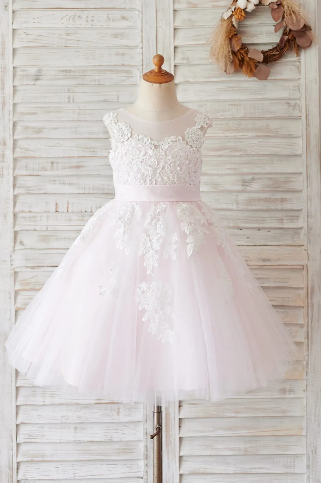 Ivory Lace Champagne/Pink Tulle V Back Wedding Party Flower Girl Dress