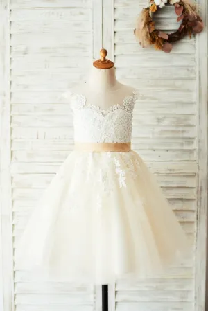 Ivory Lace Champagne/Pink Tulle V Back Wedding Party Flower Girl Dress