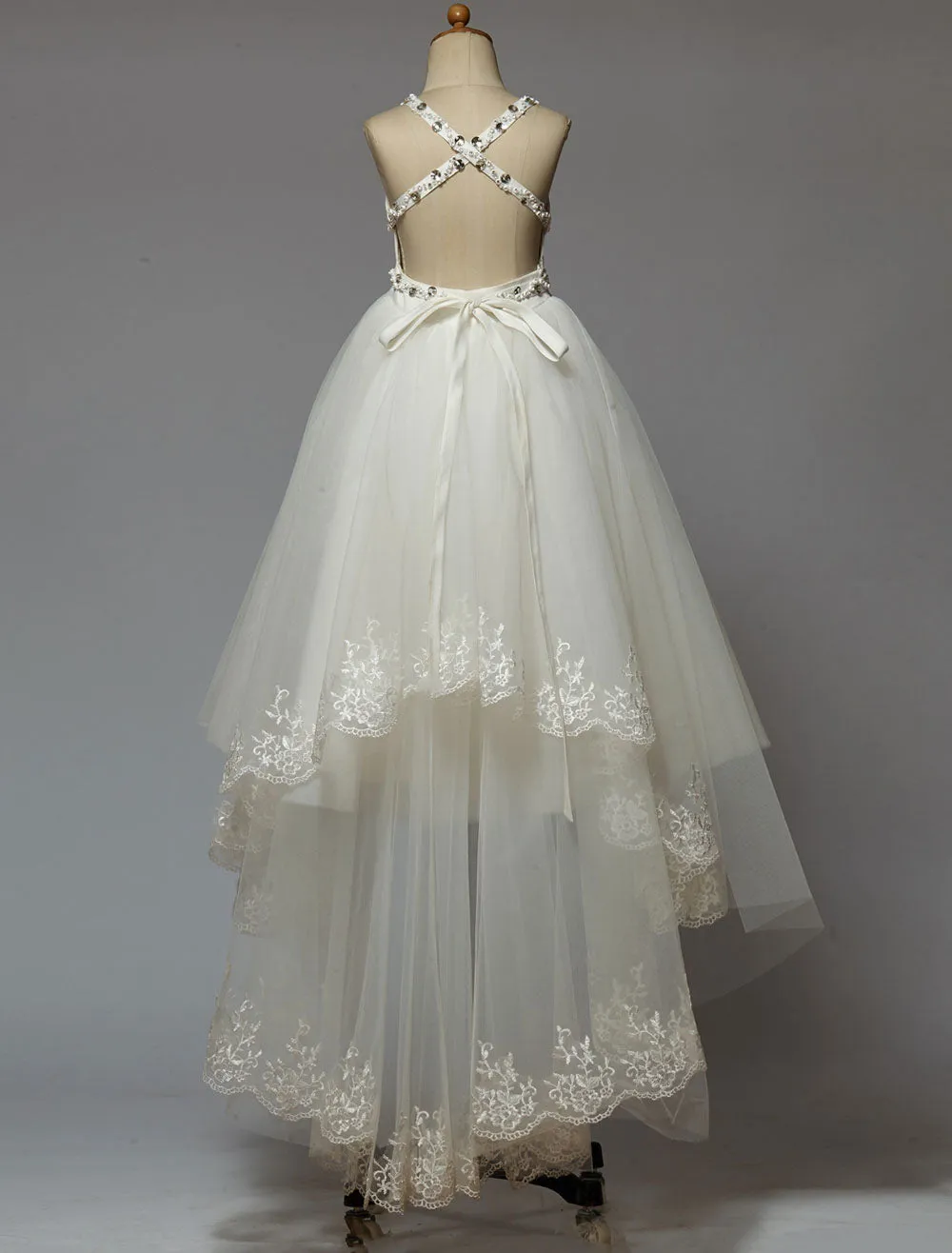 Ivory Lace Sequins High Low Criss Cross Bow Sash Tulle Long Kids Pageant Dress With Train