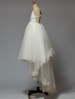Ivory Lace Sequins High Low Criss Cross Bow Sash Tulle Long Kids Pageant Dress With Train