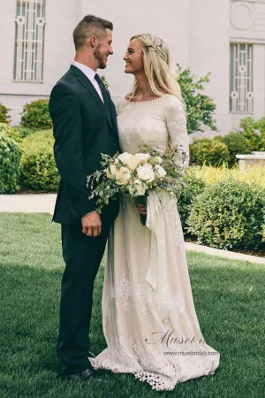 Ivory Tulle A-line Long Sleeves Bateau Wedding Dresses with Lace Appliques, MW556