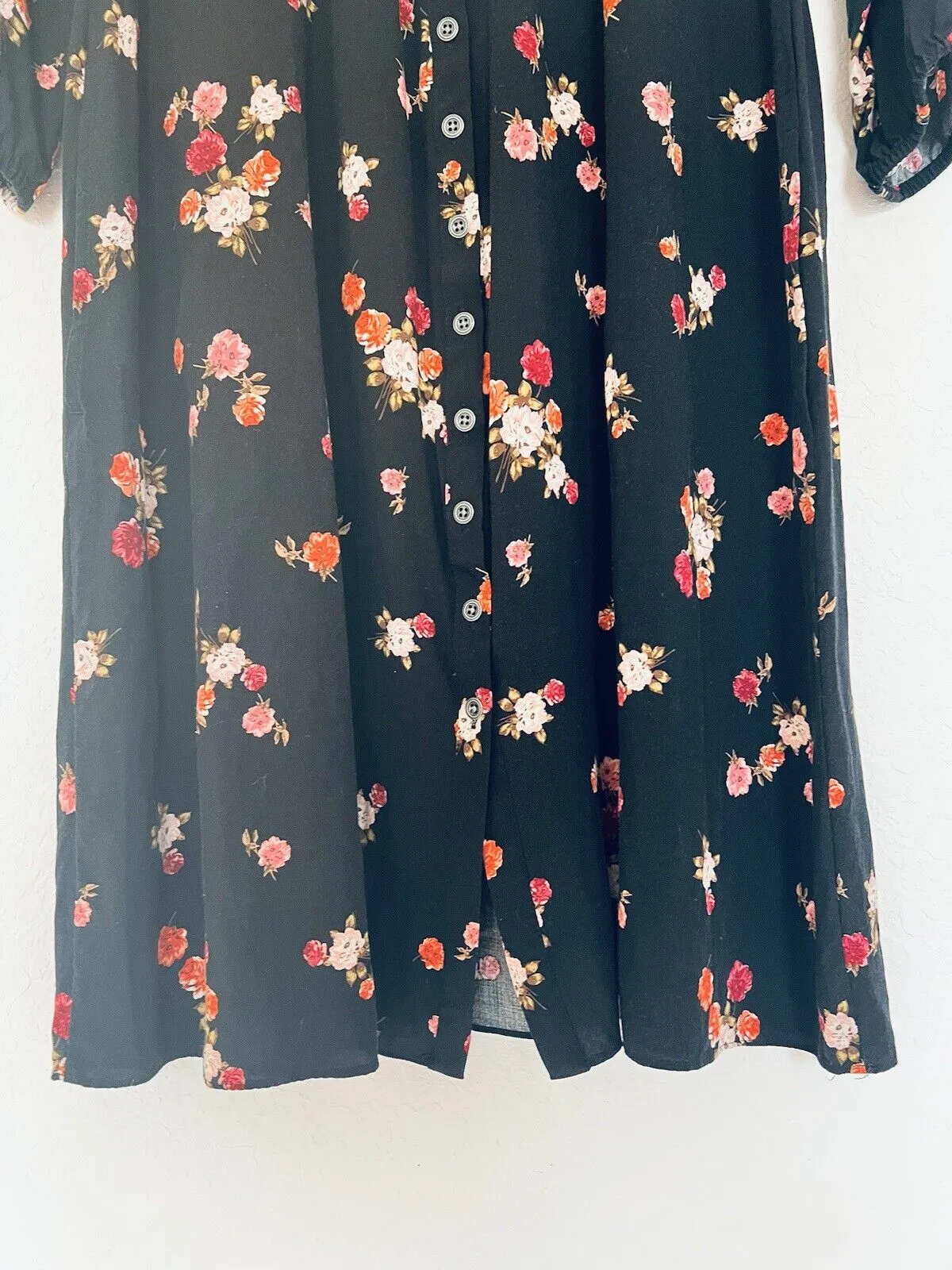 J. JILL Black Floral Tunic Dress Sz S Botton Down 3/4 Balloon Sleeves Pockets