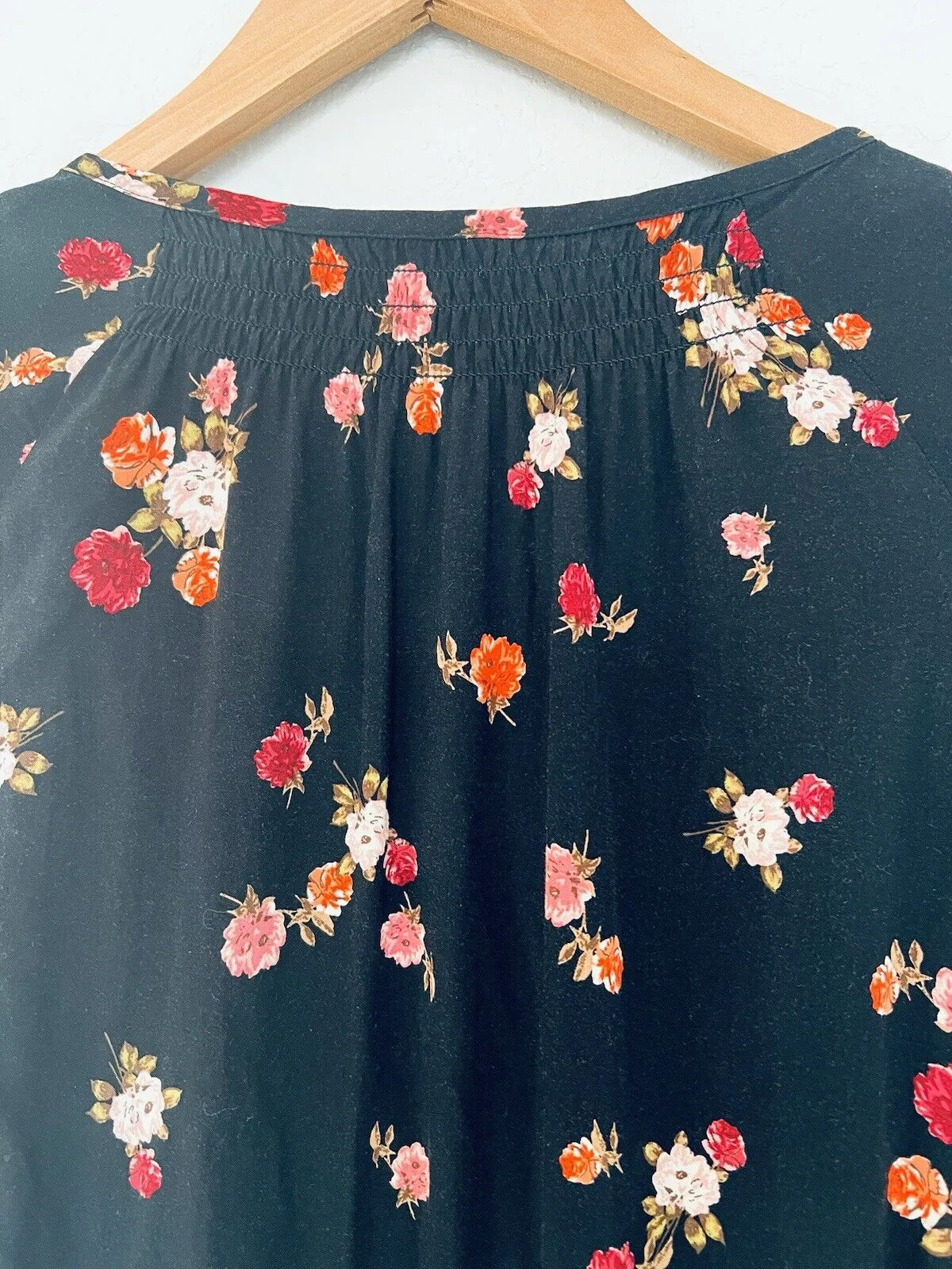 J. JILL Black Floral Tunic Dress Sz S Botton Down 3/4 Balloon Sleeves Pockets