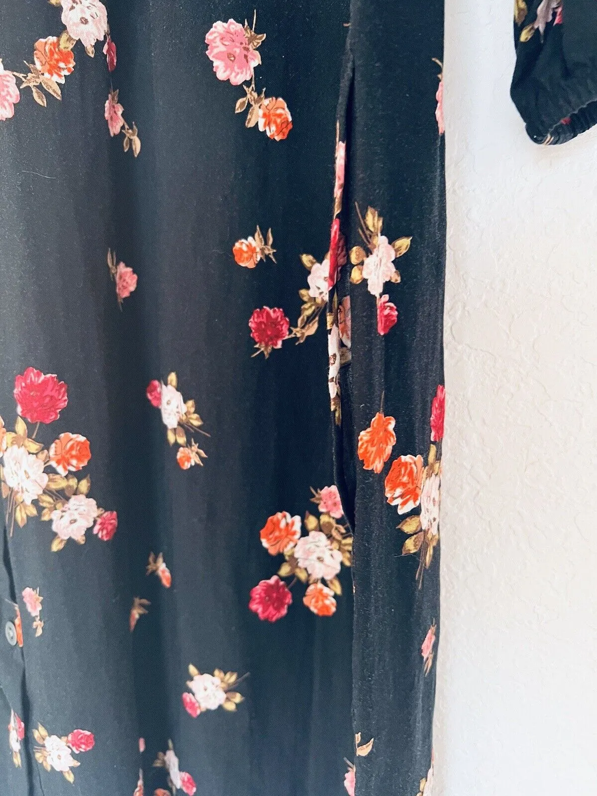 J. JILL Black Floral Tunic Dress Sz S Botton Down 3/4 Balloon Sleeves Pockets