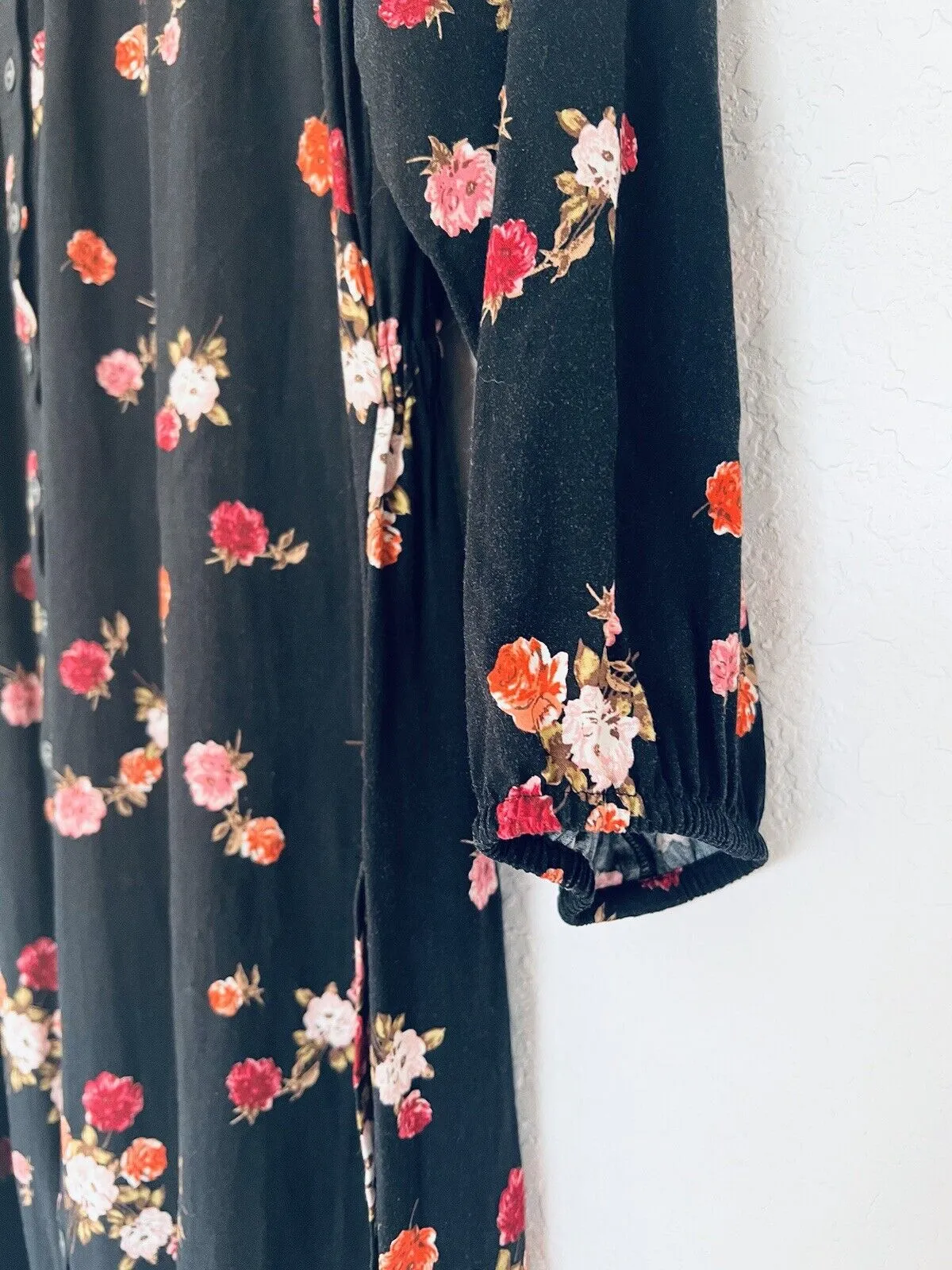 J. JILL Black Floral Tunic Dress Sz S Botton Down 3/4 Balloon Sleeves Pockets