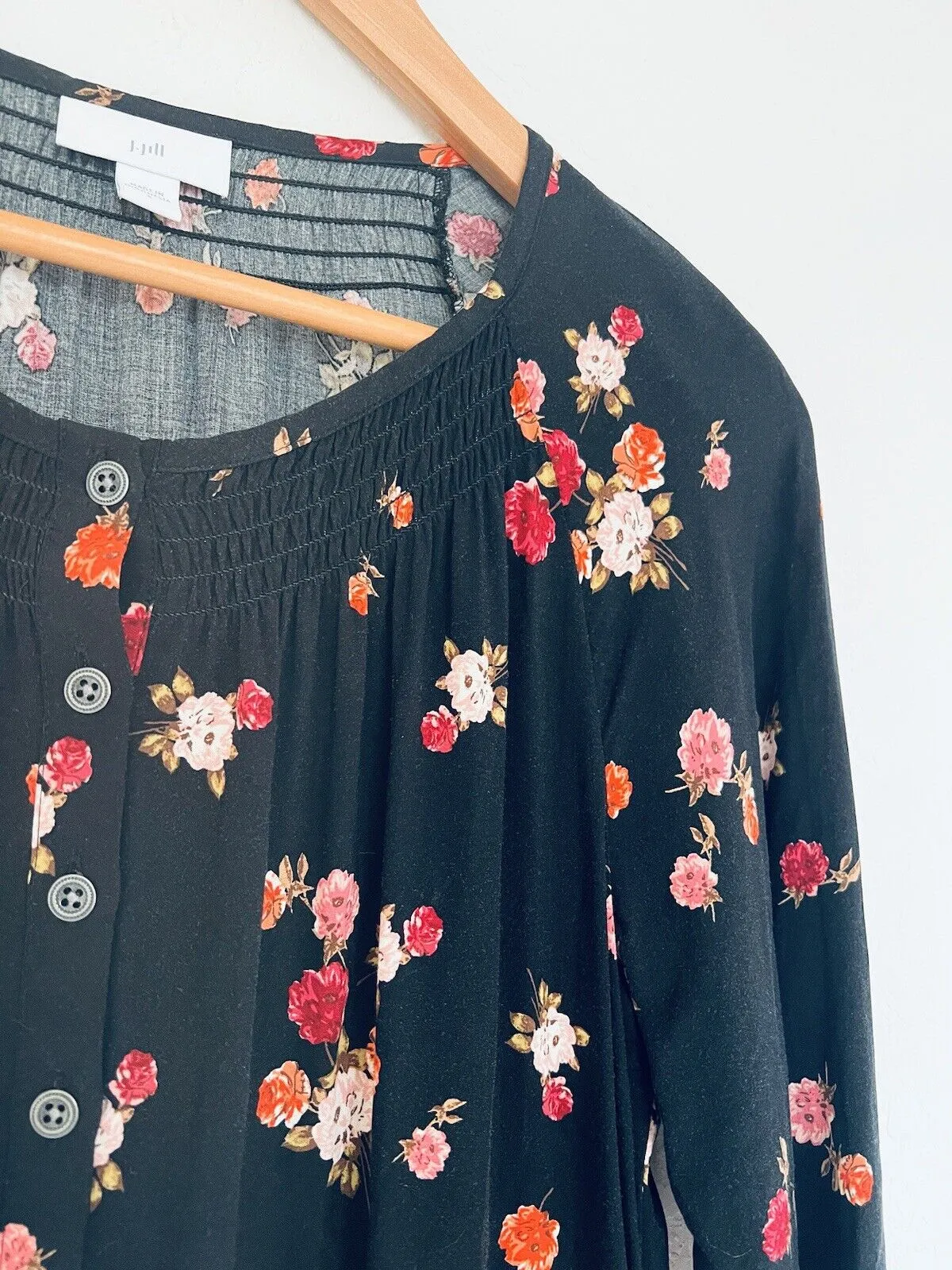 J. JILL Black Floral Tunic Dress Sz S Botton Down 3/4 Balloon Sleeves Pockets