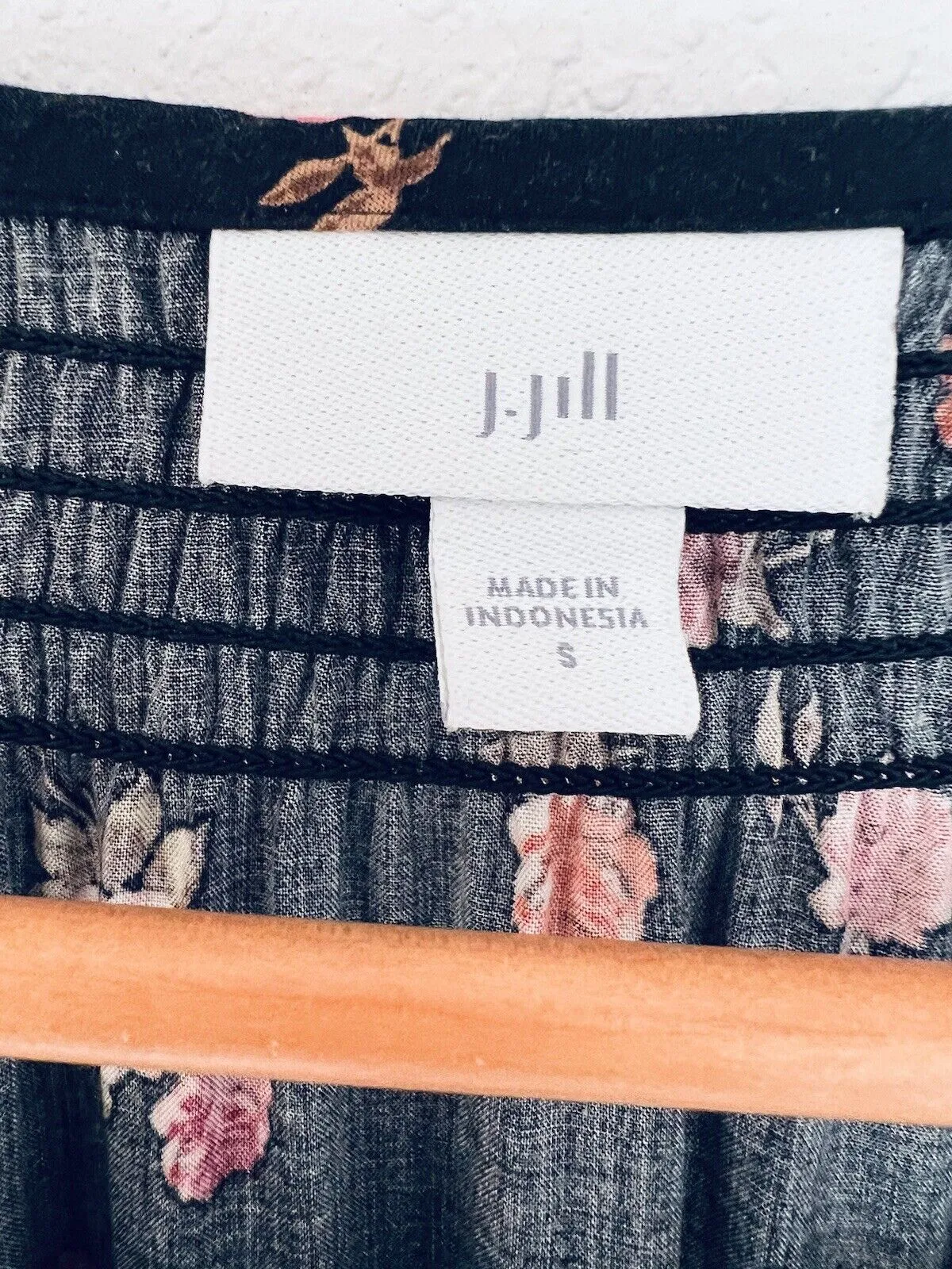 J. JILL Black Floral Tunic Dress Sz S Botton Down 3/4 Balloon Sleeves Pockets