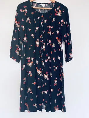 J. JILL Black Floral Tunic Dress Sz S Botton Down 3/4 Balloon Sleeves Pockets