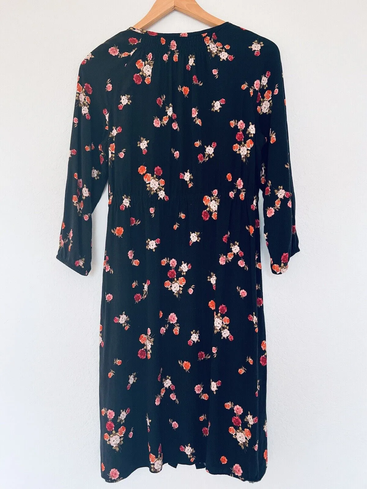 J. JILL Black Floral Tunic Dress Sz S Botton Down 3/4 Balloon Sleeves Pockets