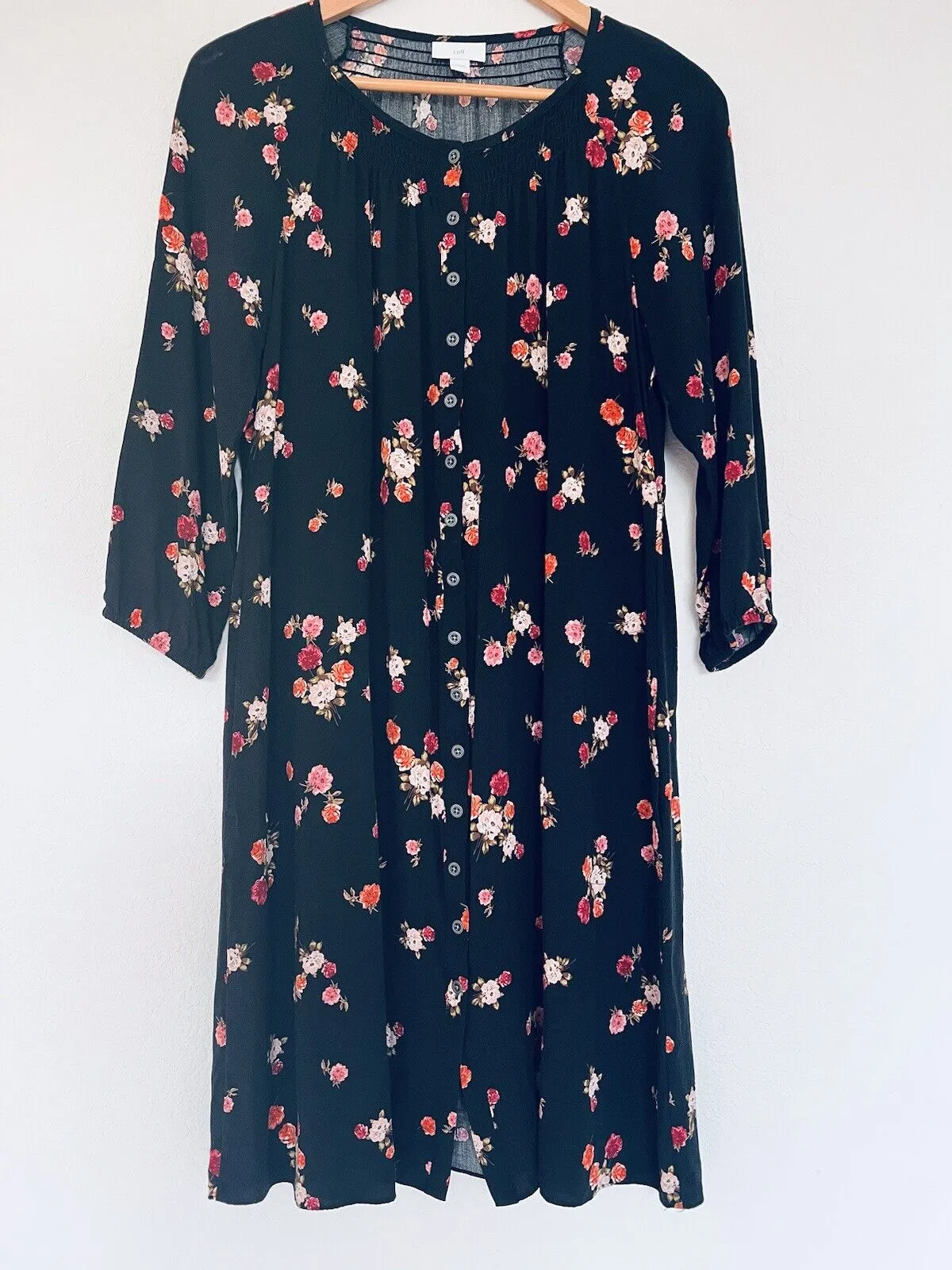J. JILL Black Floral Tunic Dress Sz S Botton Down 3/4 Balloon Sleeves Pockets