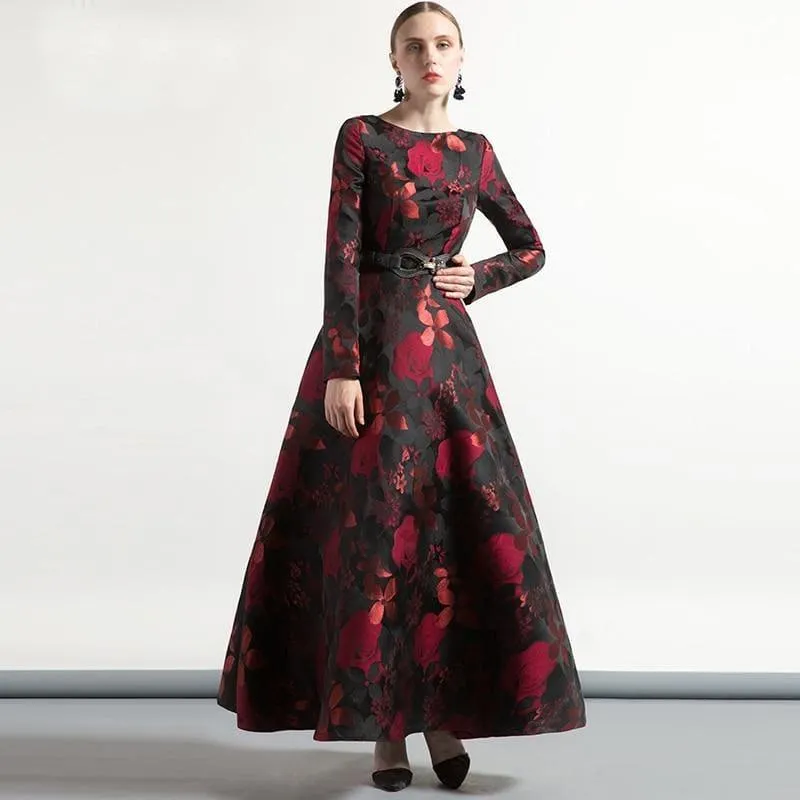 Jacquard Elegant Vintage Long Sleeve Long Formal Maxi Dress