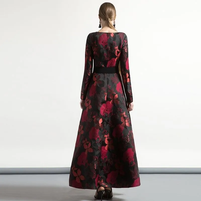 Jacquard Elegant Vintage Long Sleeve Long Formal Maxi Dress