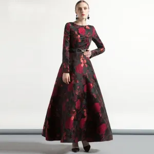 Jacquard Elegant Vintage Long Sleeve Long Formal Maxi Dress