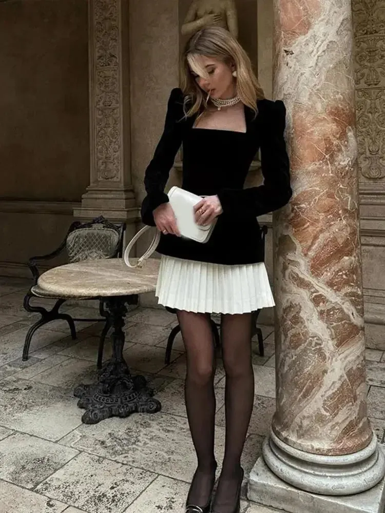 JazzHer 2025 Elegant Velvet High Waist Spliced Mini Dress Fashion Women Square Neck Long Sleeve Gowns Autumn Winter Lady New Party Wear