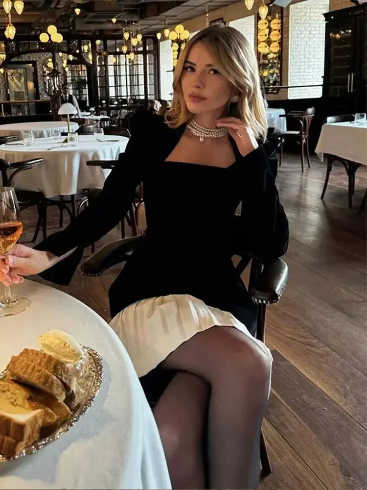 JazzHer 2025 Elegant Velvet High Waist Spliced Mini Dress Fashion Women Square Neck Long Sleeve Gowns Autumn Winter Lady New Party Wear