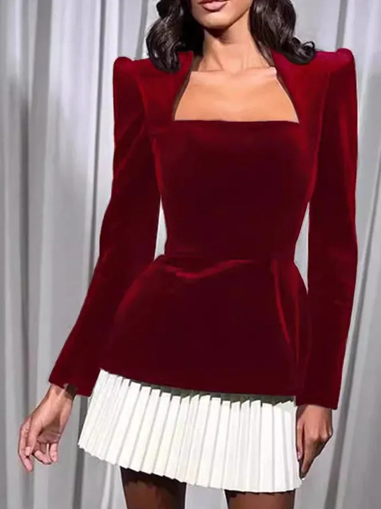 JazzHer 2025 Elegant Velvet High Waist Spliced Mini Dress Fashion Women Square Neck Long Sleeve Gowns Autumn Winter Lady New Party Wear