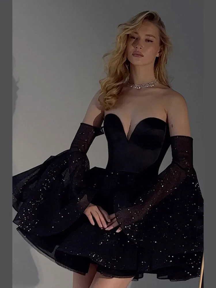 JazzHer Black Sequined A Line Mini Dresses Women Elegant Strapless Removable Flare Sleeves Female Gowns Christmas Shiny Backless Dress