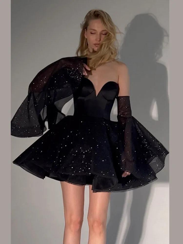 JazzHer Black Sequined A Line Mini Dresses Women Elegant Strapless Removable Flare Sleeves Female Gowns Christmas Shiny Backless Dress
