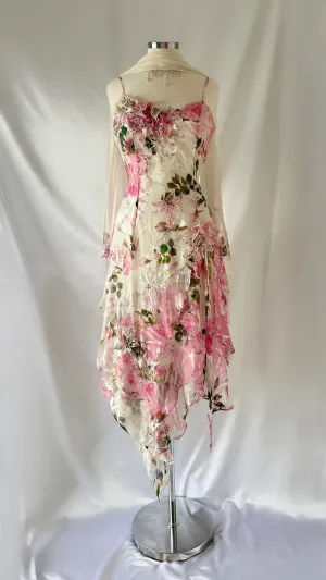 JazzHer Chic A line Spaghetti Straps Floral Pink Short Homecoming Dresses Cocktail Dress With Ribbon (PRE-ORDER)