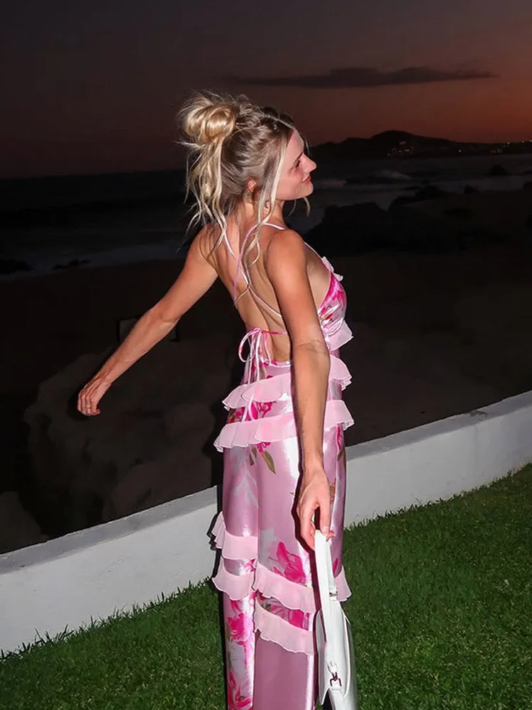 JazzHer Chic Flower Ruffles Hem Sling Dress Women Elegant V Neck Backless Satin Patchwork Short Dresses Summer Lady Holiday Party Gowns