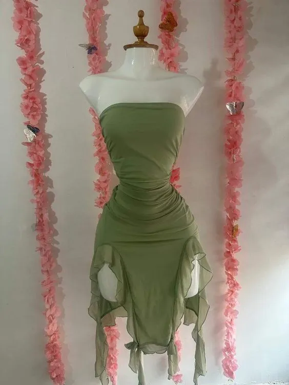 JazzHer Cute Sheath Strapless Green Chiffon Homecoming Dresses Short Birthday Dress With Ruffles (PRE-ORDER)