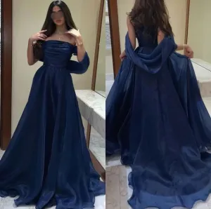 JazzHer Elegant A Line Strapless Navy Blue Long Prom Dresses Evening Dress (PRE-ORDER)