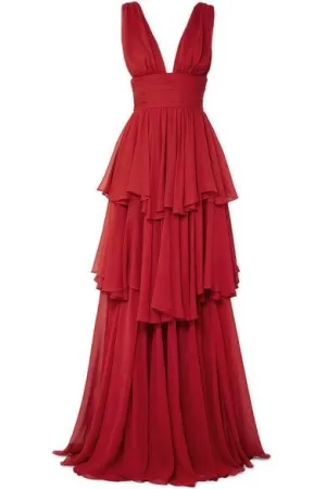 JazzHer Elegant A Line V Neckline Chiffon Red Long Prom Dresses Evening Dress (PRE-ORDER)