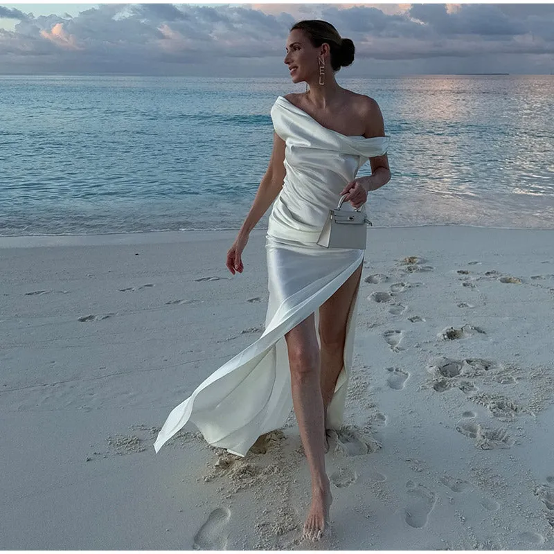 JazzHer Elegant Backless Satin Party Dress Women White High Split Slim Long Evening Dresses Spring Summer Sexy 3d Flower Draped Gowns