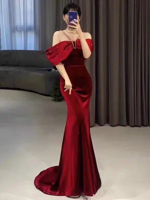 JazzHer Elegant Mermaid Off The Shoulder Halter Burgundy Long Prom Dress Evening Dresses (PRE-ORDER)