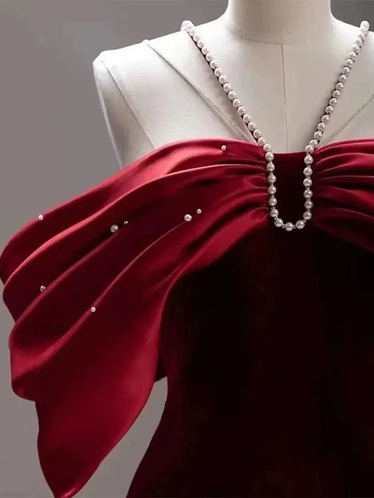 JazzHer Elegant Mermaid Off The Shoulder Halter Burgundy Long Prom Dress Evening Dresses (PRE-ORDER)