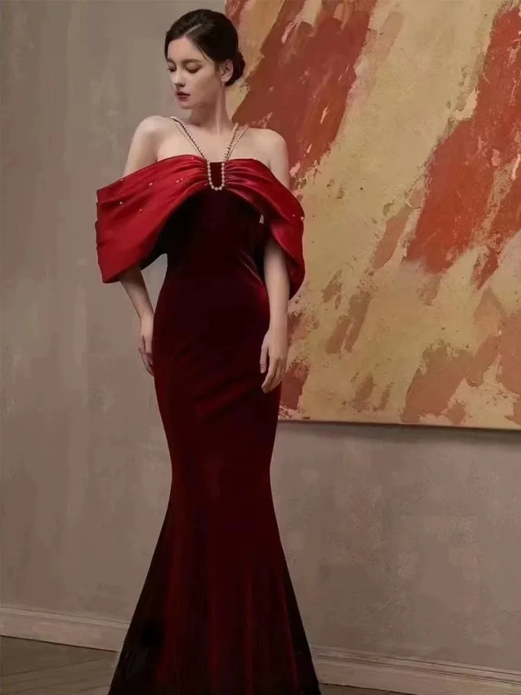 JazzHer Elegant Mermaid Off The Shoulder Halter Burgundy Long Prom Dress Evening Dresses (PRE-ORDER)
