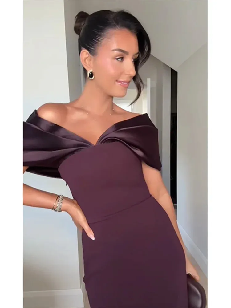 JazzHer Elegant Purple Satin Patchwork Off Shoulder Midi Dresses New Lady Sleeveless Backless Slim Fit Long Vestido Evening Party Gowns