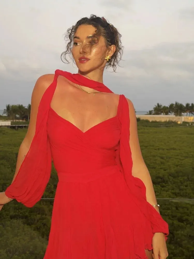 JazzHer Elegant Ruffles Hem Red Mini Dress Women Fashion Lace Up Flare Long Sleeve A-line Dresses Summer Lady Party Gowns Holiday 2025