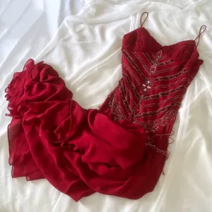 JazzHer Elegant Sheath Spaghetti Straps Red Chiffon Long Prom Dresses Evening Gowns With Beads (PRE-ORDER)