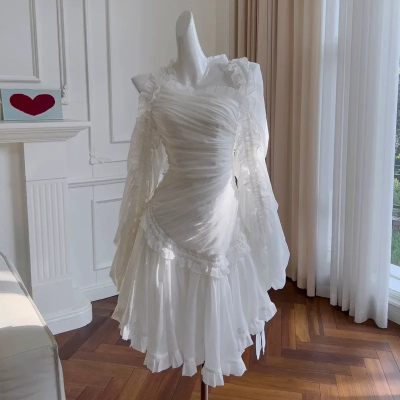 JazzHer Fairytale A line Strapless White Chiffon Ruffles Homecoming Dress Birthday Dresses (PRE-ORDER)