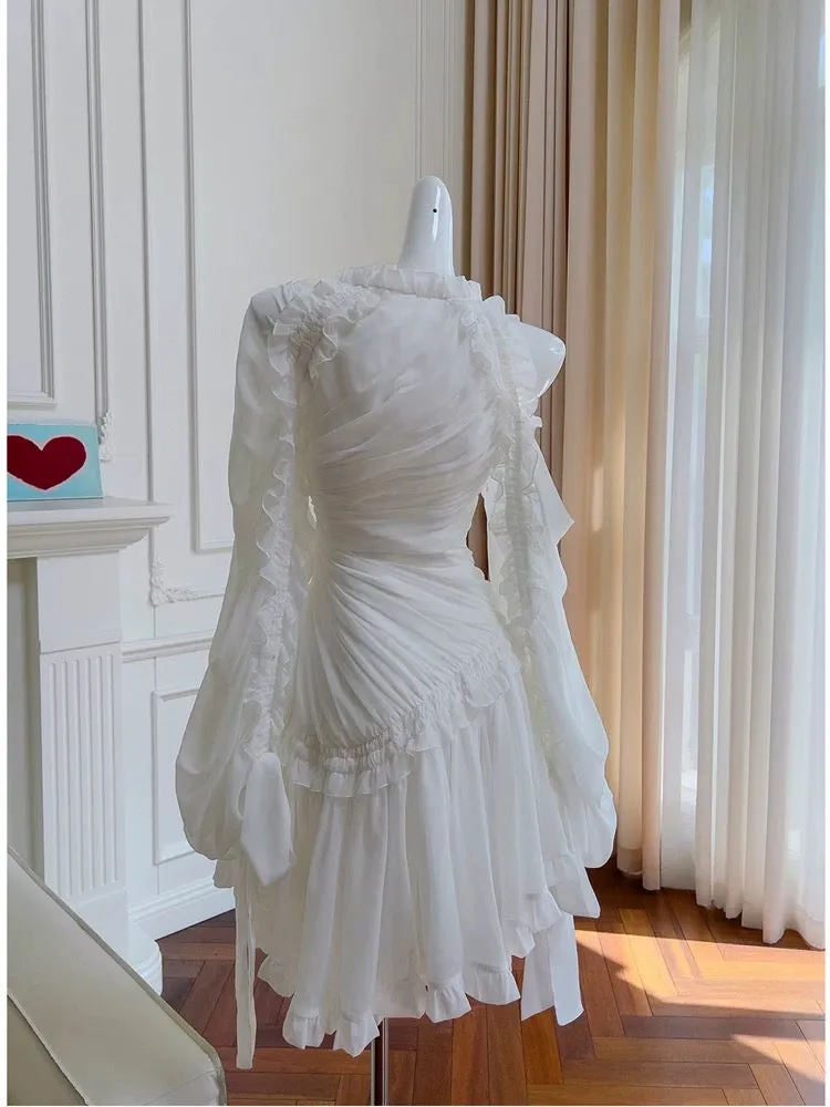 JazzHer Fairytale A line Strapless White Chiffon Ruffles Homecoming Dress Birthday Dresses (PRE-ORDER)