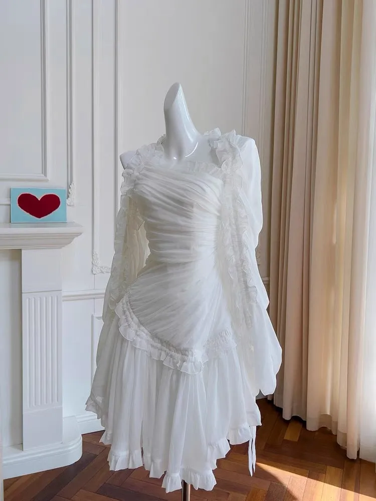 JazzHer Fairytale A line Strapless White Chiffon Ruffles Homecoming Dress Birthday Dresses (PRE-ORDER)