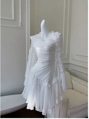 JazzHer Fairytale A line Strapless White Chiffon Ruffles Homecoming Dress Birthday Dresses (PRE-ORDER)