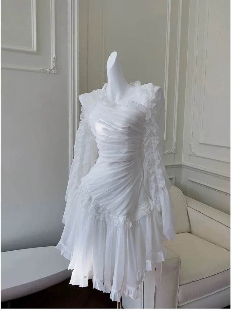 JazzHer Fairytale A line Strapless White Chiffon Ruffles Homecoming Dress Birthday Dresses (PRE-ORDER)