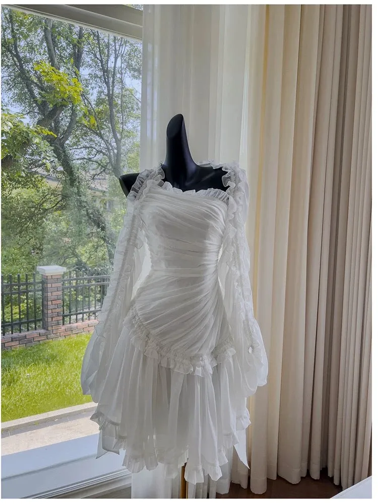 JazzHer Fairytale A line Strapless White Chiffon Ruffles Homecoming Dress Birthday Dresses (PRE-ORDER)