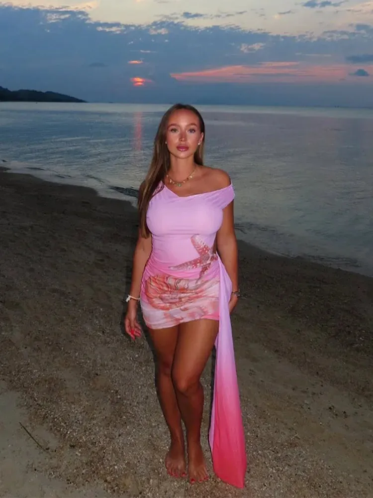JazzHer Fashion Off Shoulder Pink Mini Women Vestidos Summer Lace Up Sleeveless Slim Fit Mesh Dresses New Holiday 2025 Club Robes Gowns