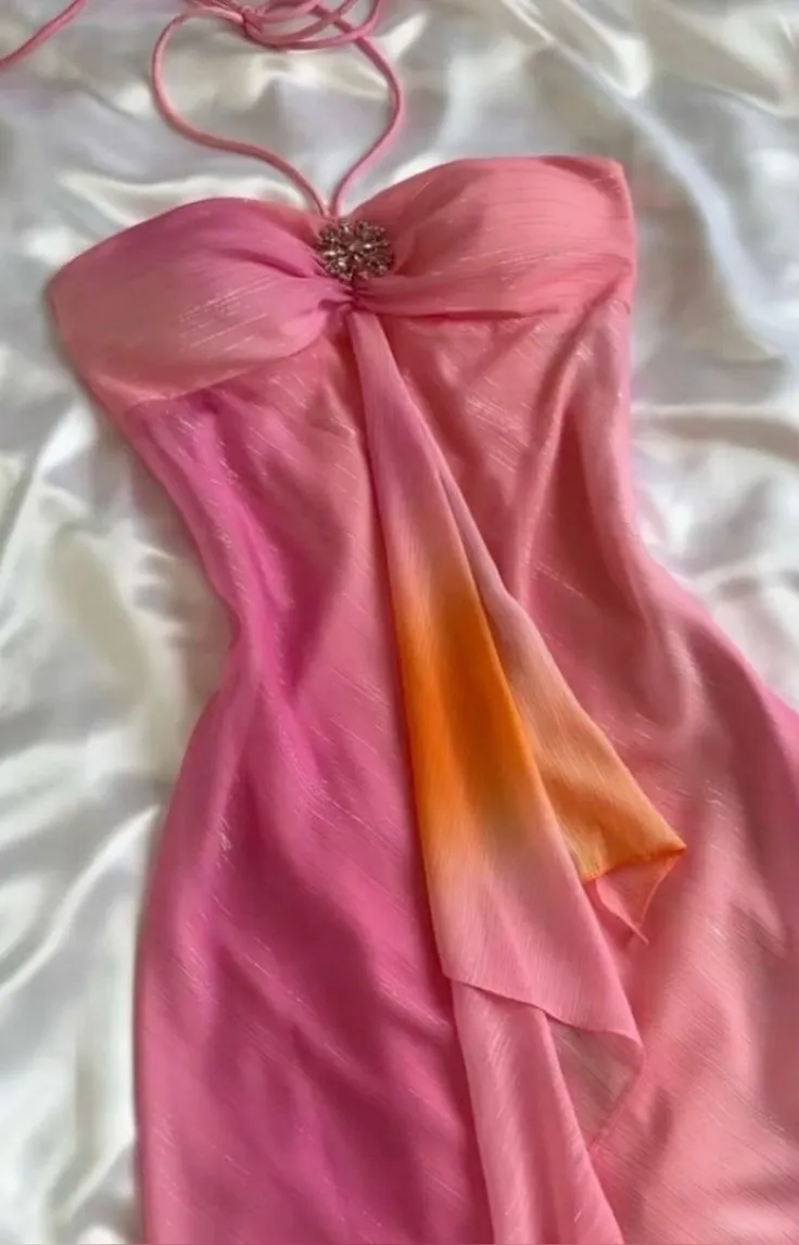 JazzHer Gorgeous High Low Halter Ombre Pink Chiffon Prom Dresses Evening Dress (PRE-ORDER)