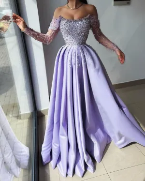 JazzHer Pretty A Line Off The Shoulder Lilac Satin Evening Dress Prom Dresses With Beads (PRE-ORDER)